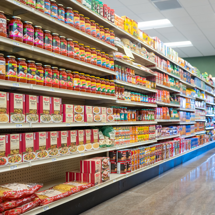 Grocery store aisle stocked with various dry and canned goods, including pasta, pasta sauce, and other packaged foods neatly arranged on shelves.