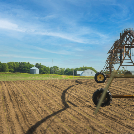 Crop field with farm equipment in the background and a pivot on the right hand side of image