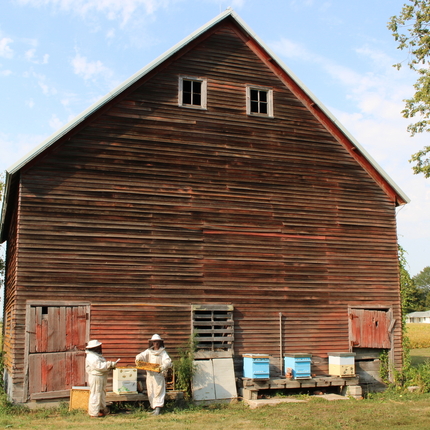 people in bee suits in front of a barn