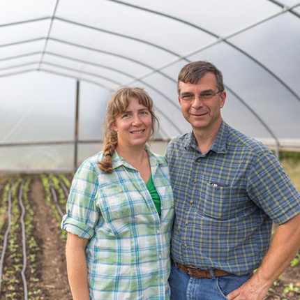 blonde-haired woman in green plaid shirt next to brown-haired man in blue plaid shirt, inside a greenhouse