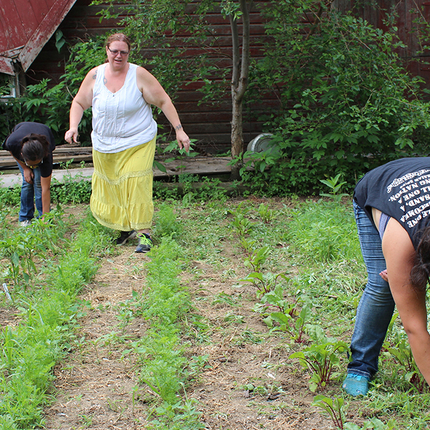 Family pulling weeds in front of barn