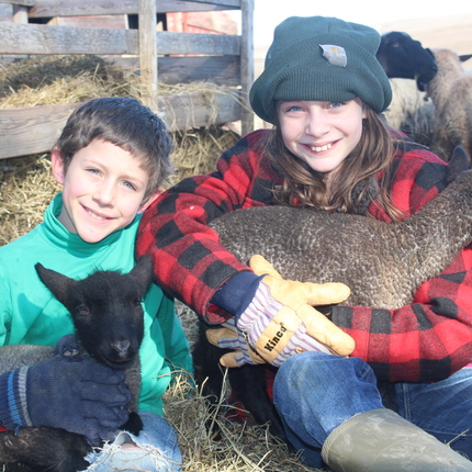 Boy and girl with lambs