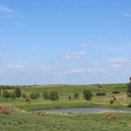 farm pond with hay bales