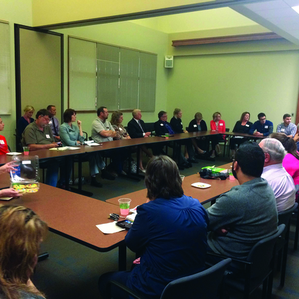 People at town hall meeting
