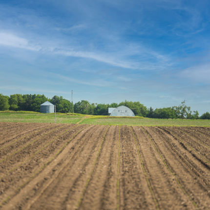 Tilled land with barn and silo in background