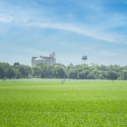 Small town water tower and grain elevator as seen from across a field in mid summer