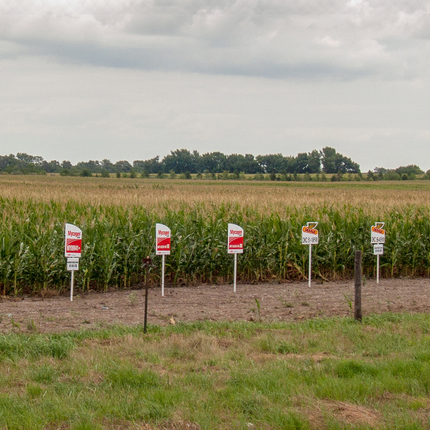Seed signs next to field