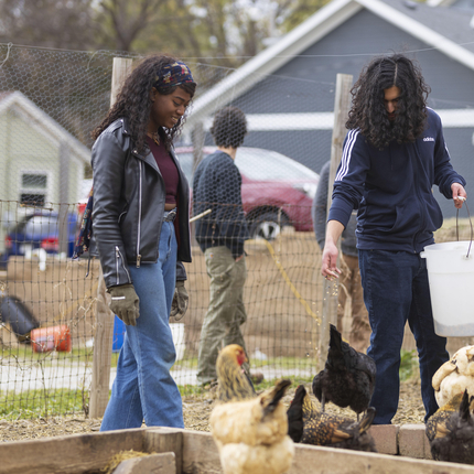 African American woman wearing a long sleeve black jacket and blue jeans walks along an area with chickens next to a male with long curly hair holding a bucket