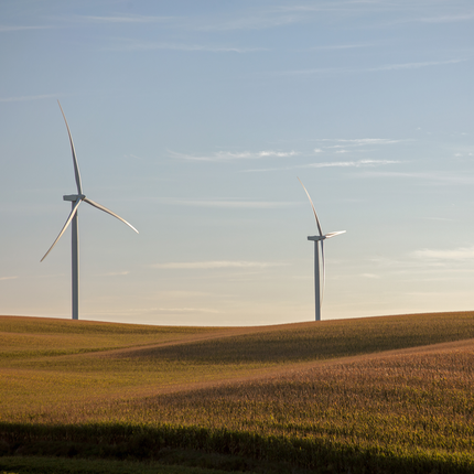 Two wind turbines stand tall against a clear sky over gently rolling fields of crops, with long shadows stretching across the landscape in the warm, late afternoon light.