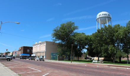 St Paul Nebraska main street, park, and water tower
