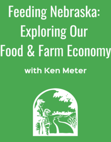 A graphic with a green background and white lettering that says "Feeding Nebraska: Exploring Our Food & Farm Economy with Ken Meter." Below, the Center for Rural Affairs logo is in white.