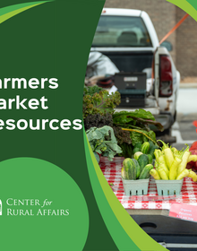 Illustration with a green background that says "Farmers Market Resources" in white. A photo of the back of a truck plus a table with a red and white checkerboard tablecloth is in front of the pickup. Veggies such as cucumbers, peppers, and potatoes are on top of the table.