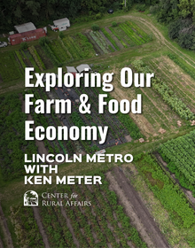 Aerial view of a small farm with rows of green crops, pathways, and a few trucks and storage containers. Overlaid text reads: “Exploring Our Farm & Food Economy – Lincoln Metro with Ken Meter – Center for Rural Affairs.”