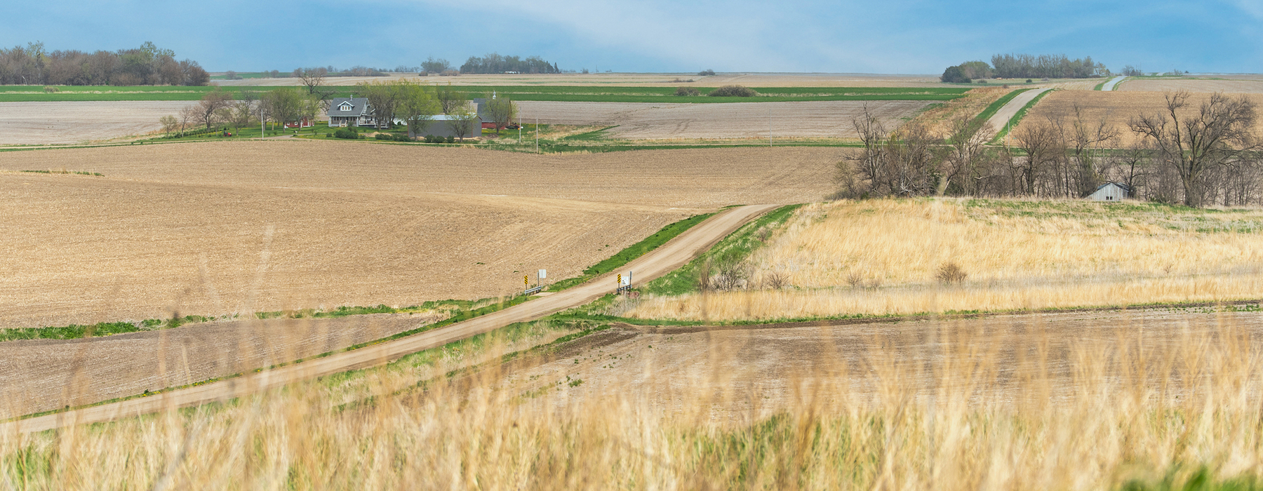 Rural gravel road with fields and homesteads on each side
